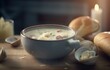 A bowl of creamy clam chowder topped with crunchy bread crumbs sits atop a wooden table, ready to be enjoyed. Warm and comforting, this AI generated scene