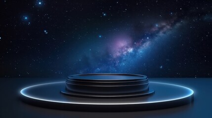 3D realistic black empty podium pedestal with blue night space cosmos nebula and shining star magic galaxy scene. Generative AI.