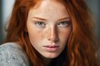 Red-haired girl with freckles and green eyes. Generative AI