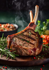 Close up grilled lamb ribs on cutting board.