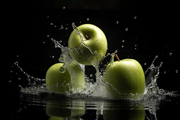 fresh green apples falling into water with splash on a dark background