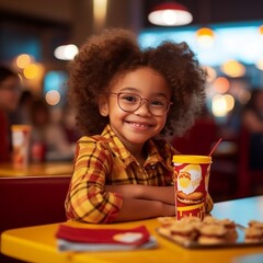 Wall Mural - Child at a fast food restaurant. Happy. Generative AI