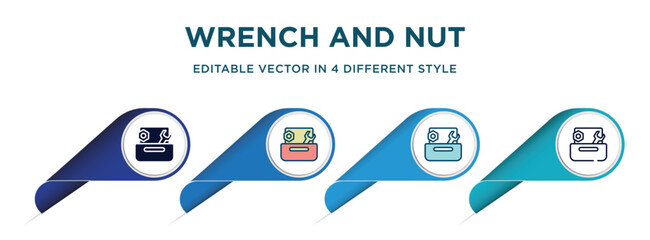 Poster - wrench and nut icon in 4 different styles such as filled, color, glyph, colorful, lineal color. set of vector for web, mobile, ui