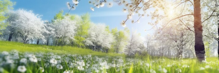 Wall Mural - Abstract sunny spring background with blooming flowers and trees. Summer meadow field with grass and bokeh wallpaper landscape.