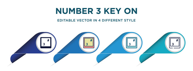 Poster - number 3 key on keyboard icon in 4 different styles such as filled, color, glyph, colorful, lineal color. set of vector for web, mobile, ui