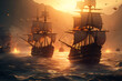 group of galleons on fire on sea in combat with tall mountains in the distance, golden sunlight, light shafts with twilight sky generative ai