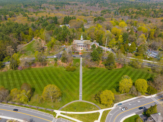 Wall Mural - Weston Town Hall aerial view at Lanson Park in spring in historic town center of Weston, Massachusetts MA, USA.  