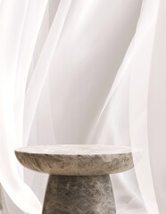 Empty minimal round gray marble podium side table in soft white blowing sheer cloth curtain drapery in sunlight for luxury cosmetic, skincare, beauty treatment, fashion product display background 3D