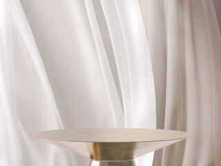 Empty luxury shiny gold steel round podium side table in soft smooth white beige blowing sheer curtain drape in sunlight for cosmetic, skincare, beauty, fashion product display background 3D