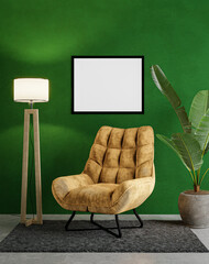 Wall Mural - Empty photo frame mockup hanging on Green wall background. Floor lamp and potted plant. Art, Poster Display. Modern Interiors.