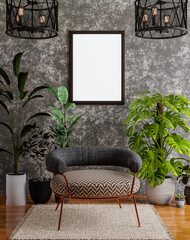 Wall Mural - Empty photo frame mockup hanging on Concrete wall finish background. Art, Poster Display. Modern Interiors.