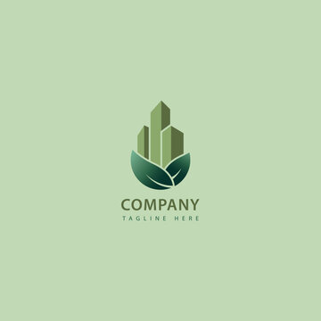 Green Building Modern Logo vector design. A combination of urban buildings and tea leaves