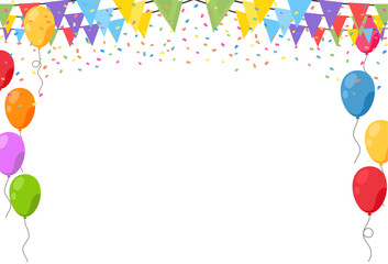 Wall Mural - Celebrate hanging triangular garlands, balloons, and confetti. Colorful flags party isolated on white background. Birthday, Christmas, anniversary, and festival fair concept. Vector illustration.