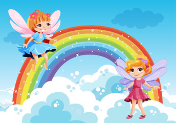 Wall Mural - cute fantasy fairies cartoon character flying over rainbow
