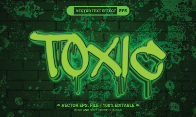 Poster - Green neon toxic graffiti 3d editable vector text effect on brick background