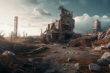 A Barren Post-apocalyptic Terrain With Remnants Of Destroyed Structures. Generative AI
