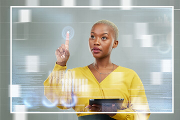 Poster - Black woman, tablet and touching futuristic screen for digital innovation, planning or data overlay. African female person or employee working on future touch technology, hud or dashboard display