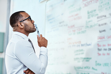 Poster - Thinking, planning and business man on whiteboard brainstorming, ideas and information or problem solving. Professional African person or corporate worker reading, solution and project notes on board
