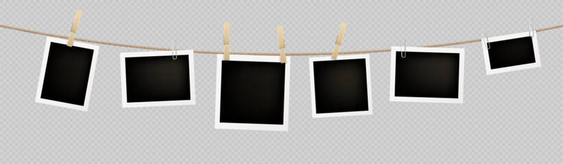 Poster - Realistic set of instant photos hanging on rope attached with clothespins and paperclips. Vector illustration of square blank paper photographs in white frames isolated on transparent background