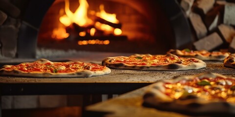 Fresh baked pizza closeup, traditional wood fired brick oven background. Generative AI