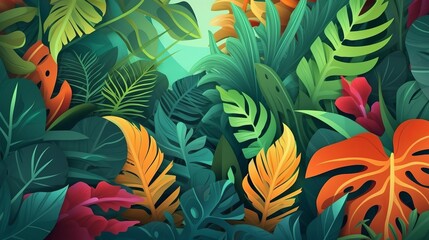  Hello Summer concept design, summer panorama, abstract illustration with jungle exotic leaves, colorful design, summer background and banner generative ai