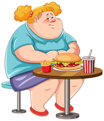 Canvas Print - Overweight woman eating fast food on the table isolated