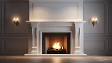 Large Traditional Fireplace With Roaring Fire. Empty Mantle Piece Mockup Shelf. Generative Ai