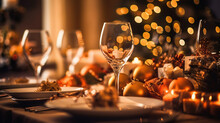 Christmas Family Dinner Table With Blurred Background. Generative Ai
