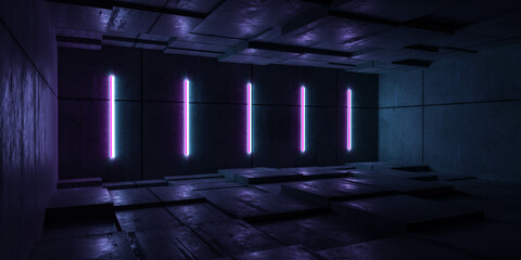 Poster - dimly lit room illuminated by colorful neon lights 3d render illustration