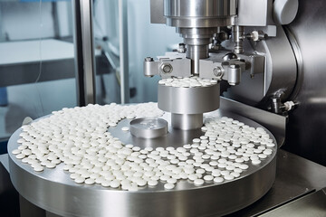 medicine medical tablet factory industry production machine pill technology drug. Generative AI.