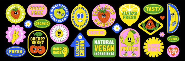 Fruit retro funky cartoon stickers. Comic character of cherry strawberry banana watermelon, slogan, quotes and other elements. Groovy summer vector illustration. Fruits berries juicy sticker pack.