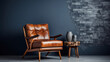 A beautiful and stylish brown leather armchair in front of a dark grey empty wall. Generative Ai
