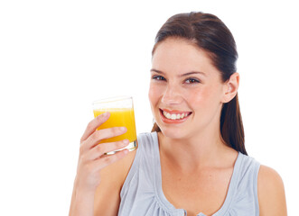 Sticker - Orange juice, portrait and studio woman with glass drink for hydration, liquid detox or natural weight loss. Nutritionist wellness, vitamin c and happy female person isolated on white background