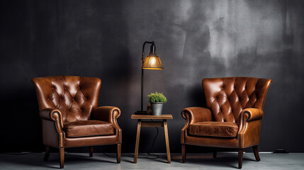 Living room with two beautiful and stylish luxury leather armchairs in front of a dark empty wall with a lamp. Generative Ai