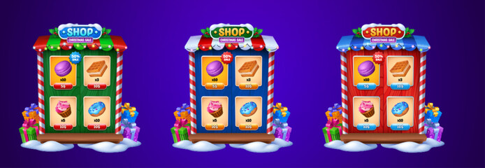 Poster - Christmas game shop frame with sweets on wooden shelves. Vector cartoon illustration of holiday store selling delicious donuts, cakes, desserts. Window decorated with garlands, gift boxes and snow