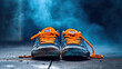 A pair of blue and orange shoes on a floor in fog background, generative ai