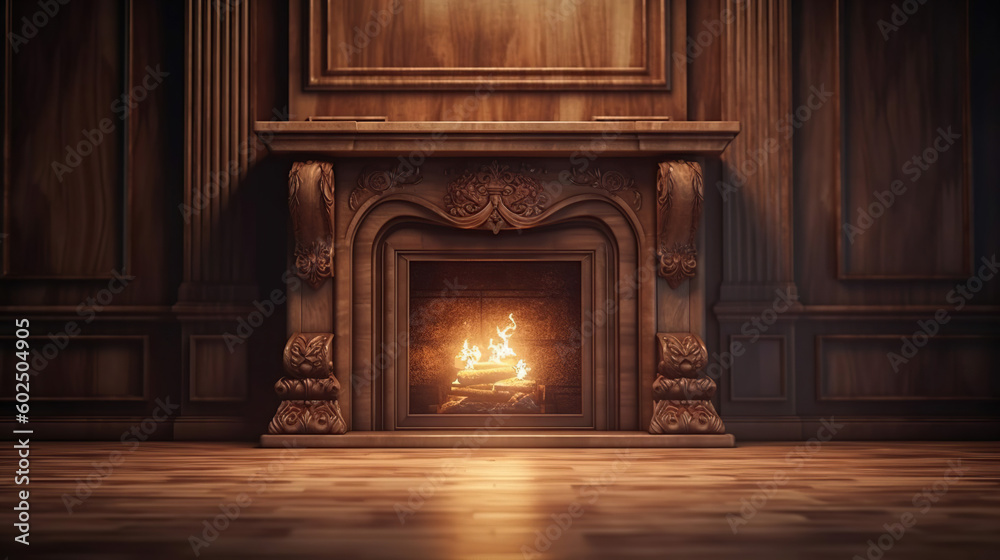 Large traditional fireplace with roaring fire. Empty mantle piece ...