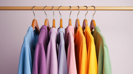 Wall Mural - Row of colorful clothes on hangers in pastel rainbow colors. Generative Ai