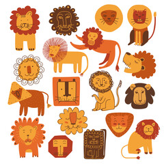 Canvas Print - Funny Lion and Snout as African Animal with Mane Doodle Big Vector Set