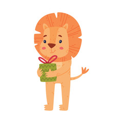 Canvas Print - Funny Lion Character with Mane Holding Gift Box Vector Illustration