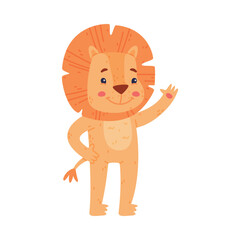 Canvas Print - Funny Lion Character with Mane Waving Paw and Smiling Vector Illustration