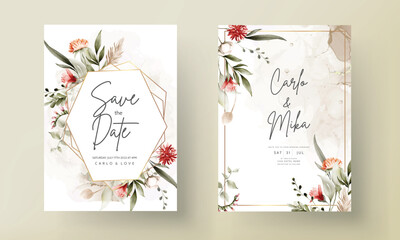 beautiful flower and leaves watercolor wedding invitation card with boho color