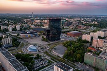 Aerial Drone Photo Of Katowice City Center And Office Buildings Towers With Roundabout. Katowice, Silesia, Poland