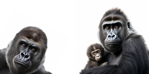 Wall Mural - Wildlife zoo safari africa gorillas animals banner panorama long - Collection of gorilla family with cute little baby, portrait, isolated on white background, Generative Ai