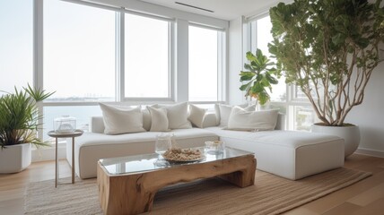 Living room decor, home interior design . Coastal Minimalist style with Large Window with Ocean View decorated with Wood and Glass material . Generative AI AIG26.