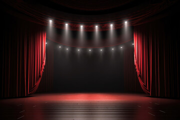 theater stage with red curtains are opening with spotlight performance lights showing, generative ai