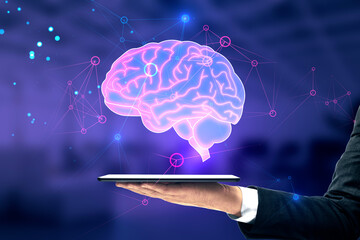 Poster - Robot, artificial intelligence and data network technologies concept with businessman using digital tablet and blue human brain hologram on abstract dark background
