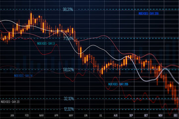 Poster - Front view of stock market crash and economy crisis concept with red falling down digital financial chart candlestick and diagram on dark background with stock market data indicators. 3D rendering