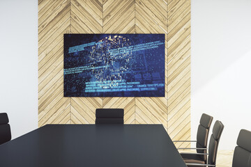 Poster - Creative code skull hologram on tv display in a modern presentation room, cybercrime and hacking concept. 3D Rendering