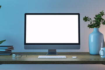 Poster - Front view on blank white modern computer monitor with space for web design, website, landing page on wooden work table with eyeglasses and keyboard on dark wall background. 3D rendering, mock up